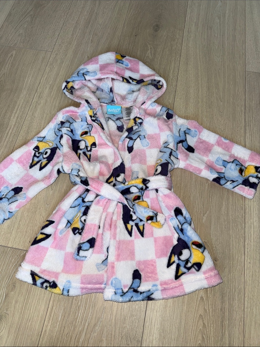 BLUET Pink, White and Blue Hooded Plush Robe with Pattern